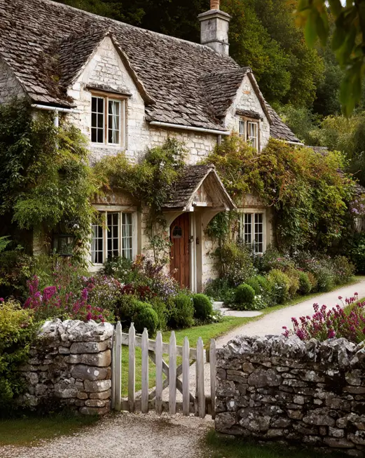 Stone english cottage style home with a charming wooden picket gate set into a low stone wall, marking the entrance to a lush, overflowing garden.
