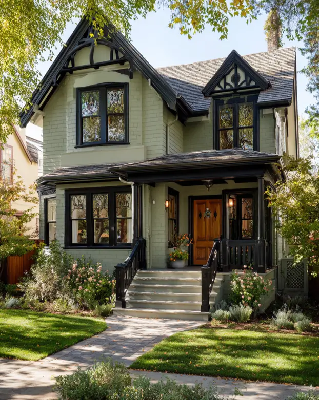 A close-up of a historic sage green house, where ornate black trim defines the unique craftsmanship of its Tudor gables.