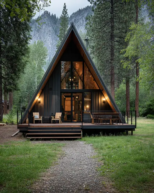 55 Tiny Cabin Ideas: The Ultimate Guide to Exterior & Interior Design 16 A striking modern A-frame small cabin design with a black exterior and a floor-to-ceiling glass wall revealing a warm, wood-lined interior.
