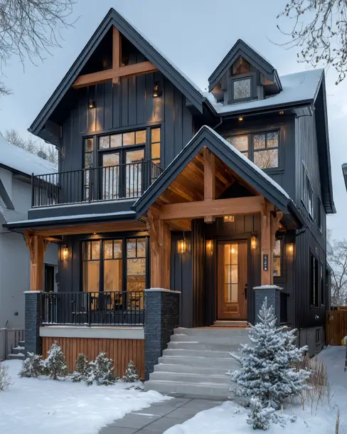 36 Modern Cottage Exterior Ideas to Achieve Timeless Curb Appeal 17 A modern cottage style exterior in a snowy setting, featuring dark vertical siding contrasted with heavy, rustic timber beams on the porch and gables.