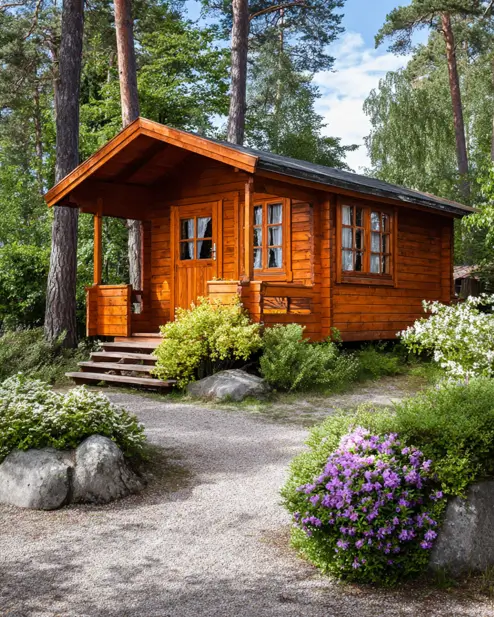 A modern tiny log cabin with clean lines and milled wood siding, nestled among tall pine trees and flowering bushes.
