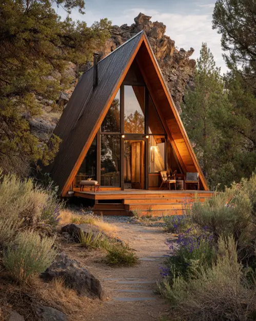 Tiny A-Frame Cabins: 31 Inspiring Ideas for Your Dream Retreat 17 A rustic tiny a frame cabin seamlessly integrated into a rugged landscape with rocks and sagebrush.