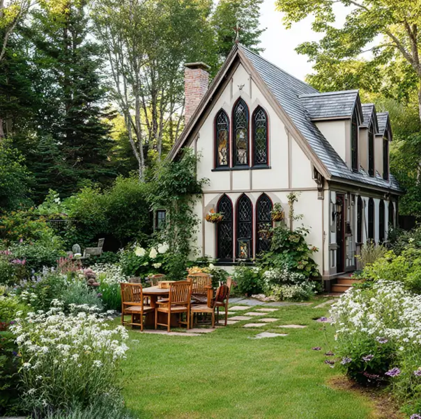 Enchanting small Tudor-style cottage nestled in a lush garden, featuring dramatic pointed gothic arched windows with stained glass details.