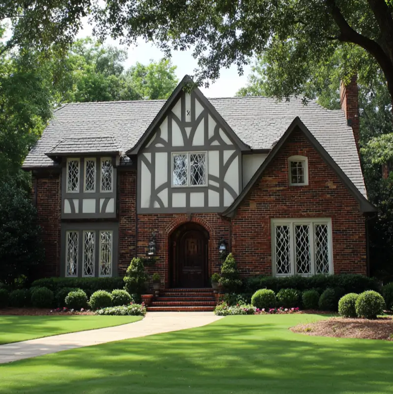 A stately Tudor suburban house exterior featuring a mix of red brick and half-timbering, with elegant diamond-paned windows adding to its historic character.
