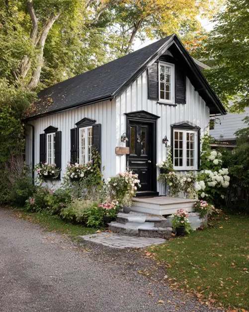 A small white cottage with black shutters and door, featuring charming window boxes filled with flowers.