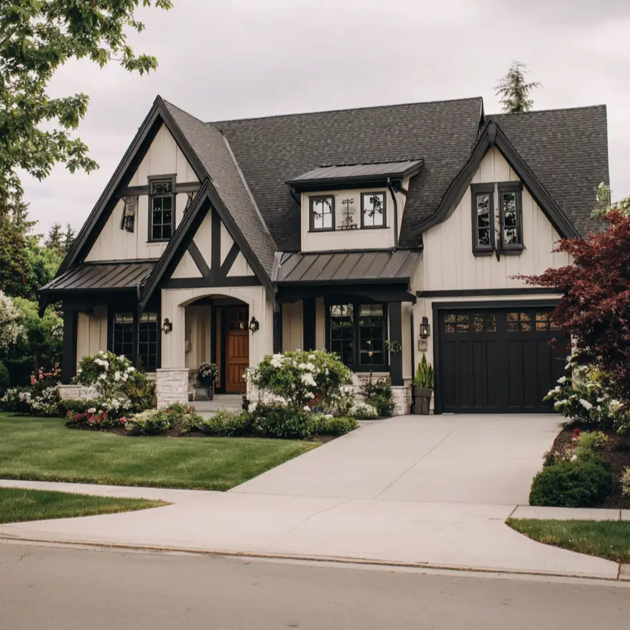 A modern Tudor-style cream and black house exterior with cream siding, black half-timbering on the gables, and a black garage door.