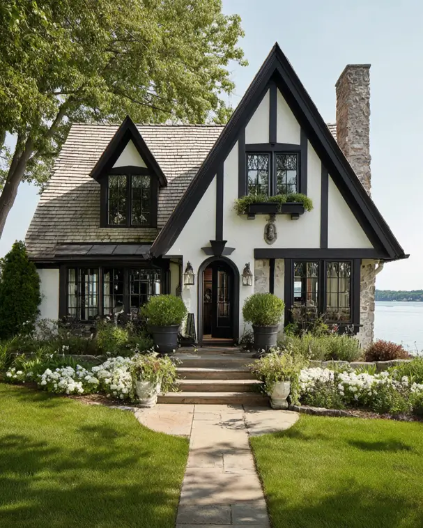 A lakeside Tudor-style house with a large stone chimney, cedar shake roof, and high-contrast black and white timbering.