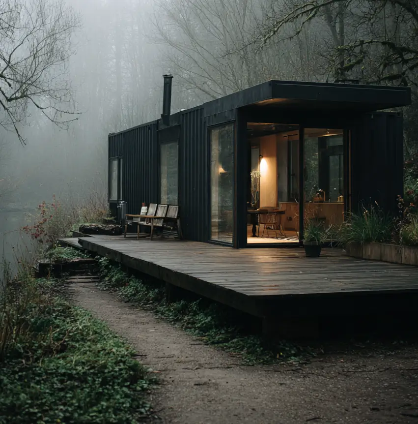 A minimalist black shipping container home with a simple wooden deck, set beside a body of water in a moody, foggy forest, creating a serene and secluded atmosphere.