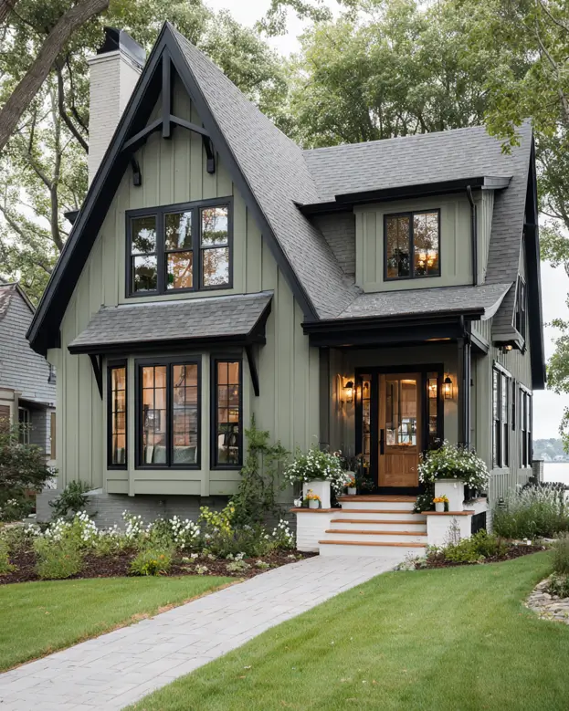 A modern sage green farmhouse with black trim, expertly blending classic gable rooflines with contemporary vertical siding.