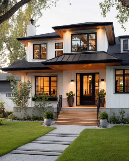 36 Modern Cottage Exterior Ideas to Achieve Timeless Curb Appeal 18 A modern cottage style exterior with white siding, featuring a sleek black metal accent roof and warm wood soffits that create an inviting glow.