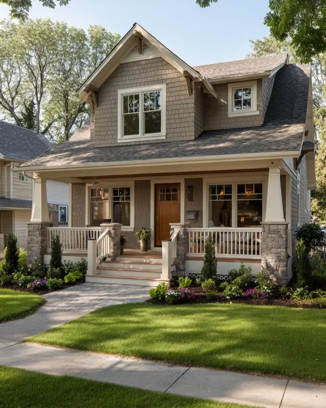 Inviting modern craftsman style house with beige shingle siding, a full front porch with tapered columns on stone piers, and decorative brackets.