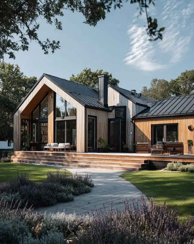 A sprawling modern Scandinavian house exterior with light wood siding and a dark metal roof, set in a lush, green lawn.