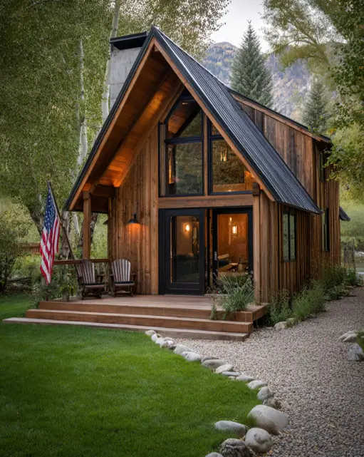 55 Tiny Cabin Ideas: The Ultimate Guide to Exterior & Interior Design 17 A modern tiny cabin idea blending a classic gabled roof with large, black-framed glass windows and doors, set on a manicured lawn.