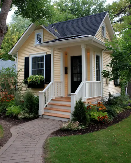 36 Tiny House Design Ideas + An Expert Interior Guide for 2025 18 A pale yellow tiny house with black shutters, white trim, and a small front porch.
