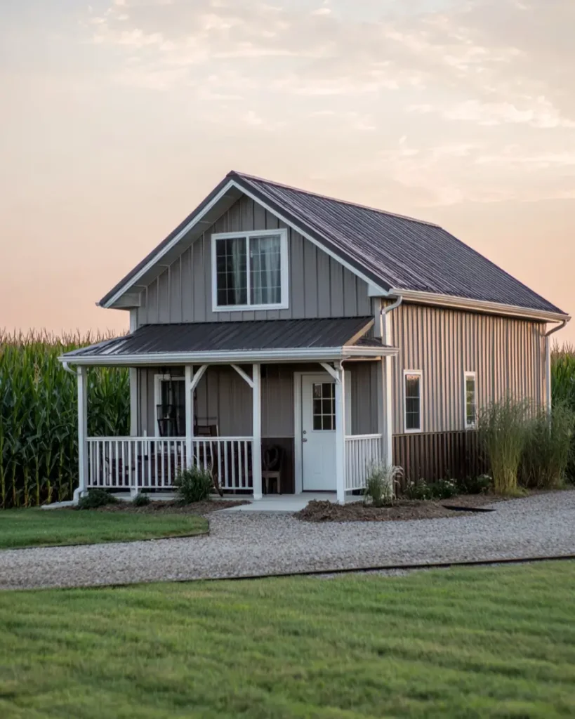A small taupe barndominium home with a white porch railing, located next to a tall cornfield at dusk.