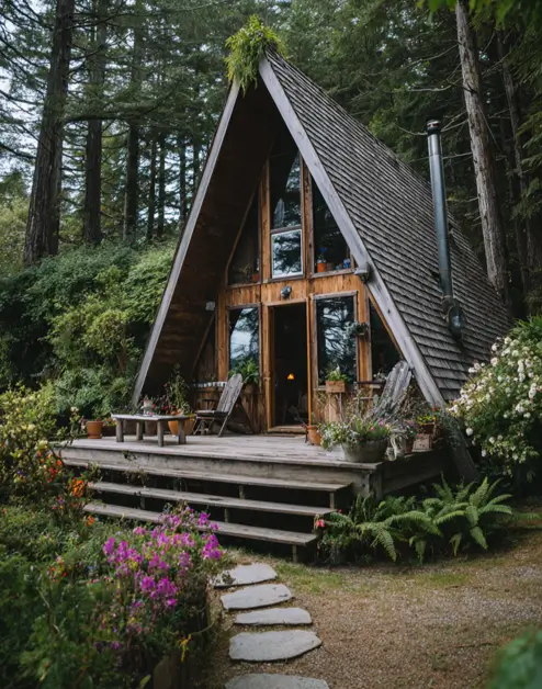 Tiny A-Frame Cabins: 31 Inspiring Ideas for Your Dream Retreat 18 A small a-frame house in a storybook garden setting, surrounded by colorful flowers and ferns.