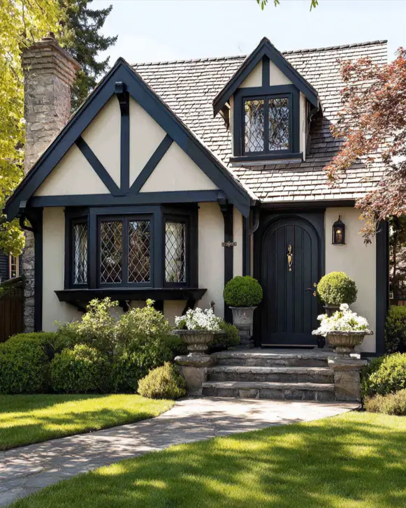 A high-contrast small Tudor house with a graphic look, featuring deep black timbering against a warm cream stucco and a stately rounded front door.