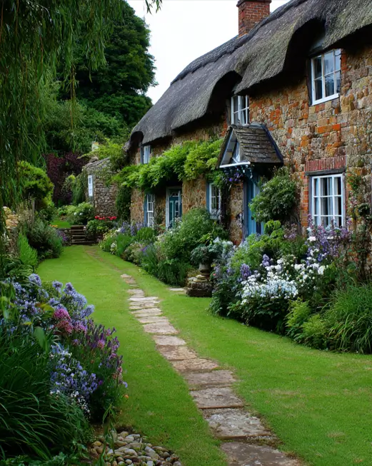 A row of stone english cottages with a long, linear garden path bordered by dense flowerbeds filled with purple and white blooms.