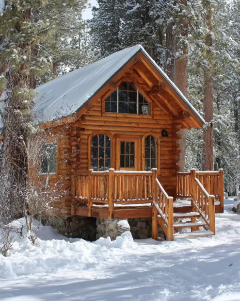 A picturesque tiny log cabin covered in fresh snow, set within a dense pine forest on a sunny winter day.