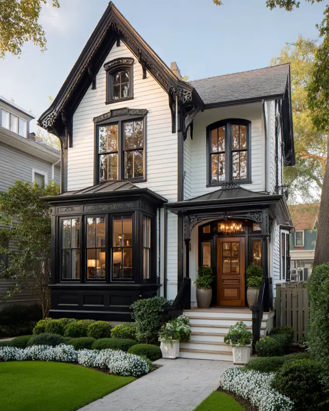 A beautifully restored Victorian suburban house exterior showcasing intricate black gingerbread trim that contrasts dramatically with the home's off-white siding.