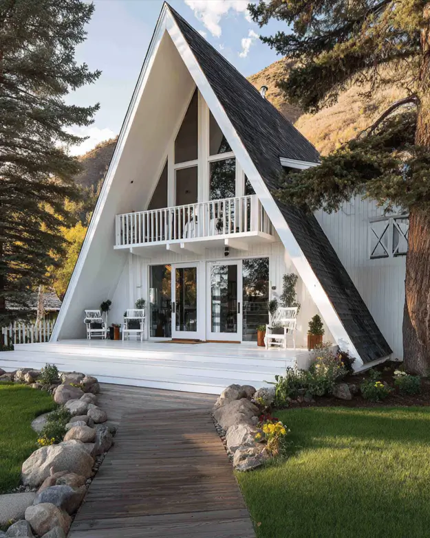 A classic white A-frame home with a large white deck and balcony, nestled in a mountain landscape.