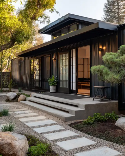 A modern black shipping container home with a covered entrance and a serene landscaped garden path made of stone pavers set in gravel, surrounded by trees.
