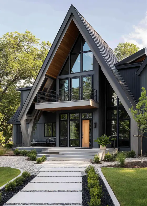 A contemporary dark grey A-frame home with a second-floor balcony, angled support columns, and warm wood accents under the peak.