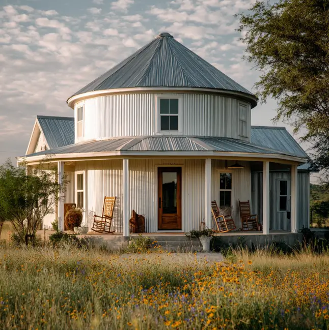 A charming, wide grain bin house with a wraparound porch and rocking chairs, set in a field of wildflowers.