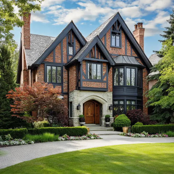 Large modern Tudor-style house exterior with a red brick facade, dramatic black trim, and a light stone entryway.