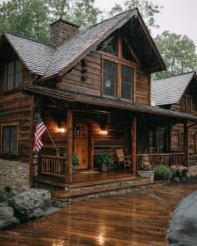 A dark wood log cabin home design on a rainy day, featuring a wet wooden porch and stone foundation.