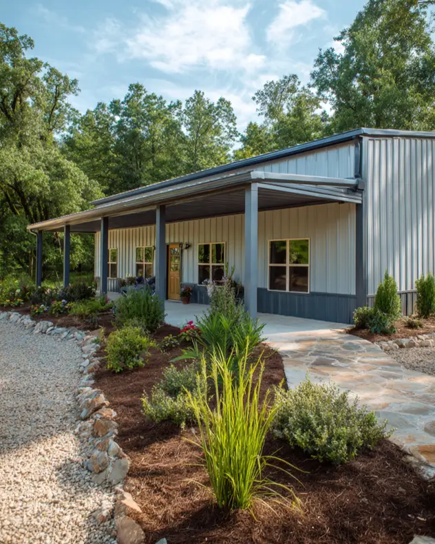 A single-story barndominium with metal siding and a landscaped flagstone path leading to the covered porch.