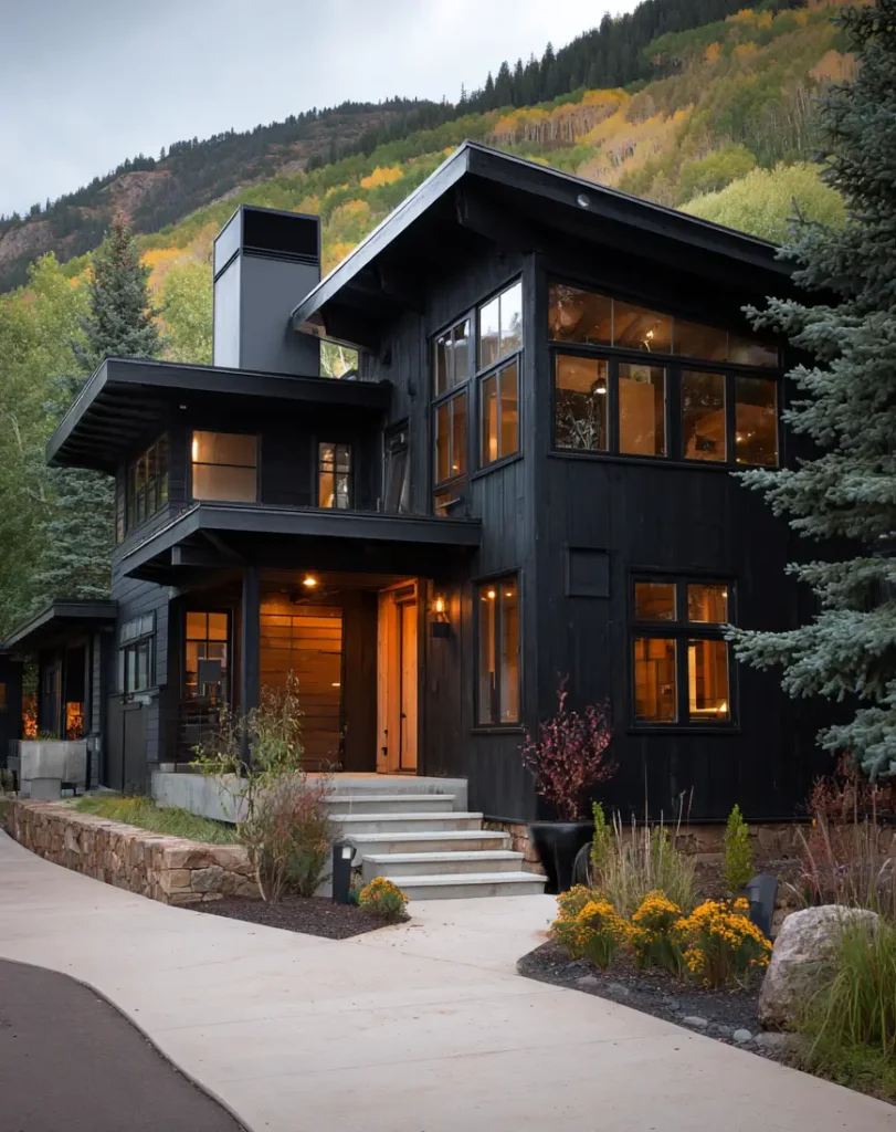 A modern black house with warm interior lights, set against a hillside with yellow autumn aspen trees.