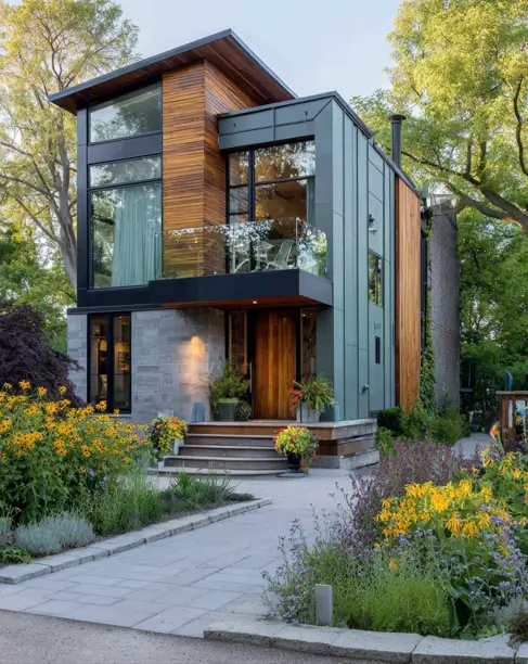 36 Modern Cottage Exterior Ideas to Achieve Timeless Curb Appeal 19 A contemporary cottage exterior blending cool metal panels with warm vertical wood siding and a solid concrete block base, surrounded by wildflowers.