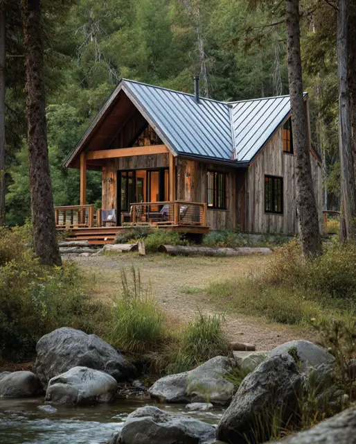 55 Tiny Cabin Ideas: The Ultimate Guide to Exterior & Interior Design 18 A contemporary small cabin design with a sleek asymmetrical metal roof and weathered wood siding, located beside a peaceful river.