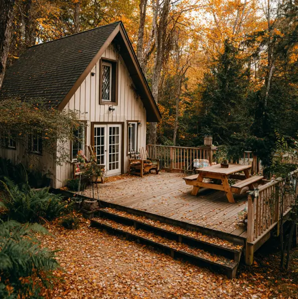 A small cabin in an autumn forest with a large wooden deck and picnic table, showing an exterior design for a small house.