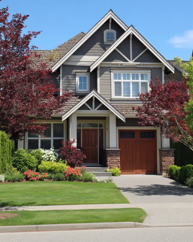 A suburban house exterior idea that layers textures, combining cool gray siding with warm stone pillars and cedar-inspired shakes in the gables.