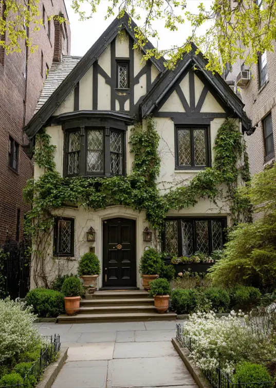 A tall, narrow Tudor-style house on a city lot, with black half-timbering emphasizing its verticality and green ivy softening the facade.