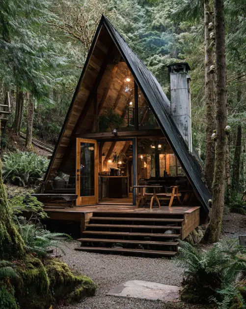 Tiny A-Frame Cabins: 31 Inspiring Ideas for Your Dream Retreat 19 A secluded tiny a frame cabin with warm interior lights, enveloped by a dense, mossy green forest.