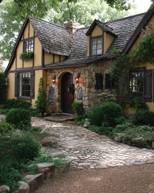 A Tudor-inspired english cottage home featuring a wide, winding cobblestone walkway that leads to a stone entryway under mature shade trees.