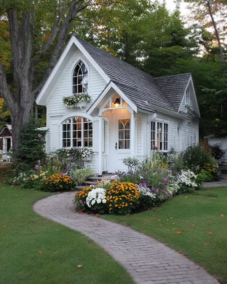 36 Tiny House Design Ideas + An Expert Interior Guide for 2025 19 A white storybook tiny cottage with an arched window and colorful flower beds.