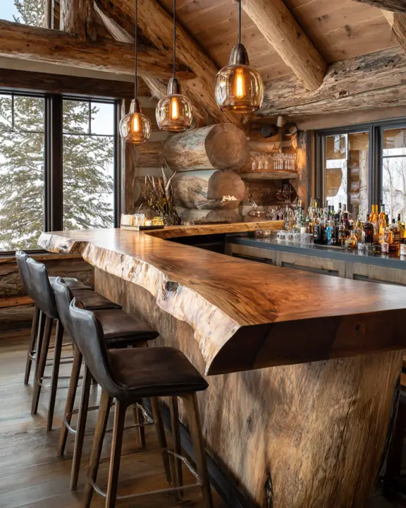 A stunning bar log cabin with large windows, modern glass pendant lights, and a massive live-edge wood counter.