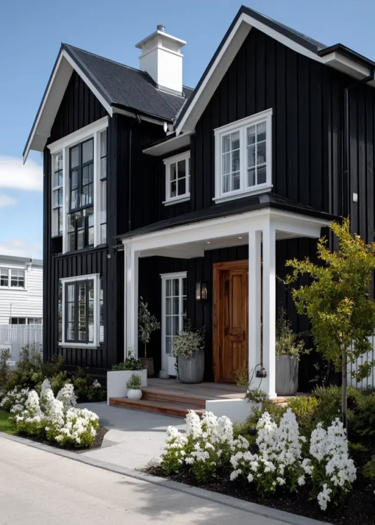 A sophisticated black farmhouse exterior with crisp white trim defining the windows, porch, and roofline.