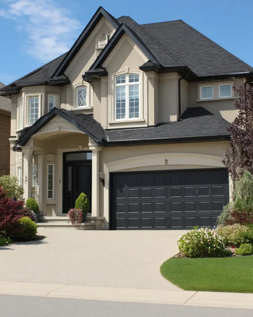 A large two-story cream and black house exterior with cream stucco walls, a prominent black roof, and a black garage door.