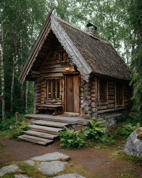 A dark, folk-art tiny log cabin with intricate wood carvings and a weathered shake roof, surrounded by ferns and birch trees.