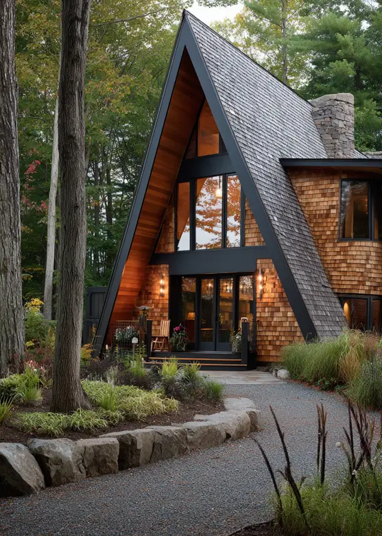 A modern a frame cabin with cedar shingle siding and roof, black trim, and a stone chimney, nestled in the woods.