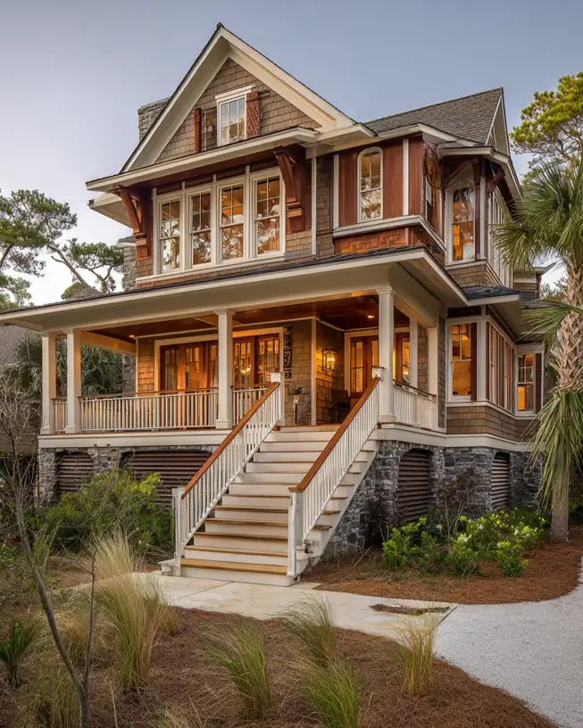 Elevated modern craftsman house with a spacious wrap-around porch, a solid stone foundation, wood shingle siding, and a grand central staircase.