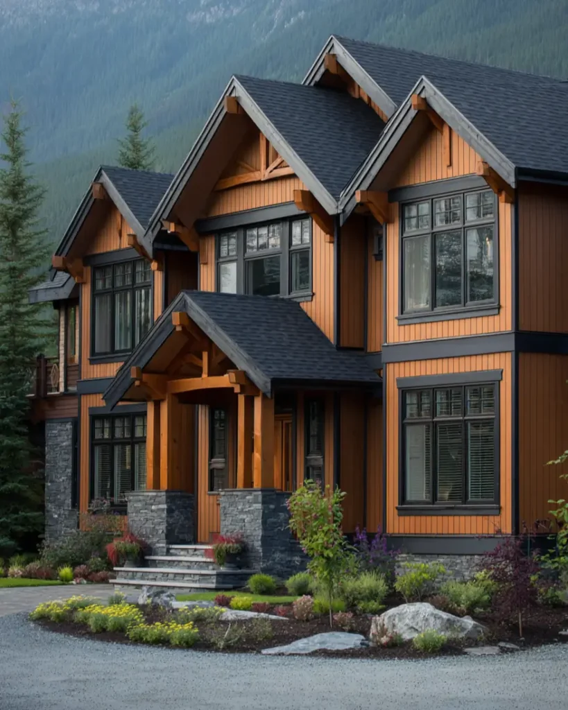 A modern craftsman mountain house featuring warm wood siding, black trim, and a dark stone base against a forested mountain.