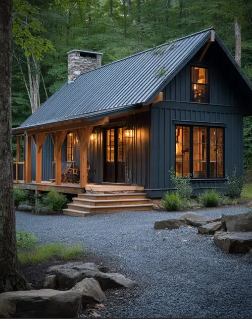 55 Tiny Cabin Ideas: The Ultimate Guide to Exterior & Interior Design 19 A sleek, modern dark gray tiny cabin idea featuring clean vertical siding and a contrasting natural wood porch with curved brackets.