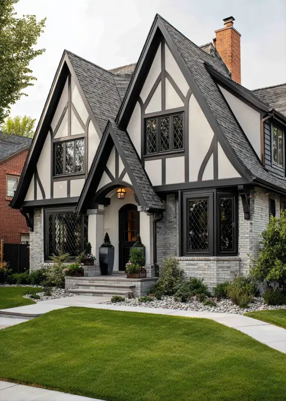 A modern Tudor house with dynamic overlapping gables, a light stone facade, and black diamond-pane windows.