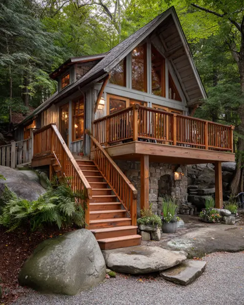 A rustic wooden house built on a stone foundation on a sloped forest lot, a creative small home exterior idea.